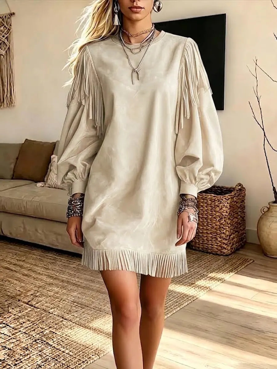 Vintage Elegant Suede Patchwork Tassels Dress
