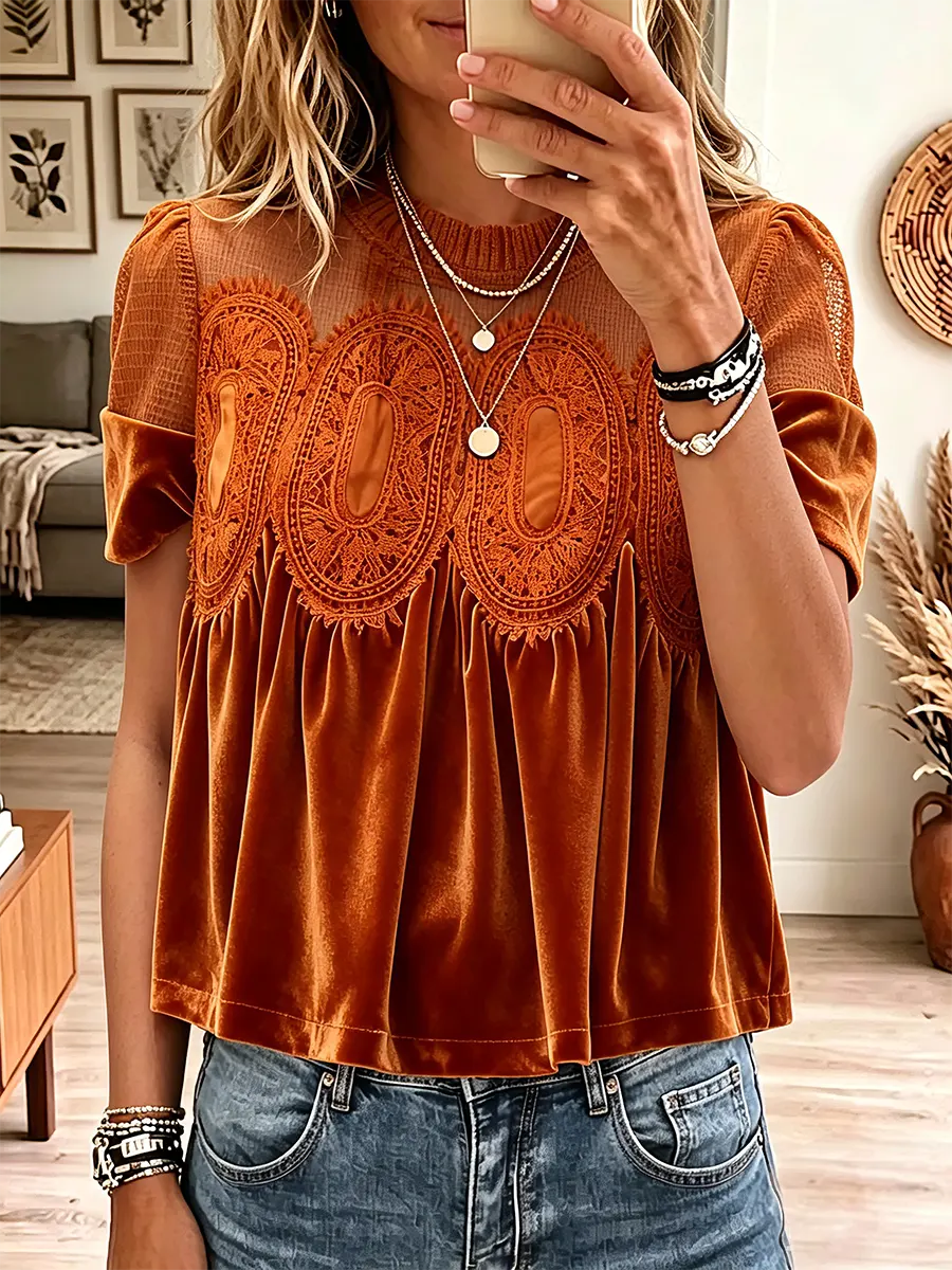 Vintage Elegant Velvet Patchwork Lace Shirt