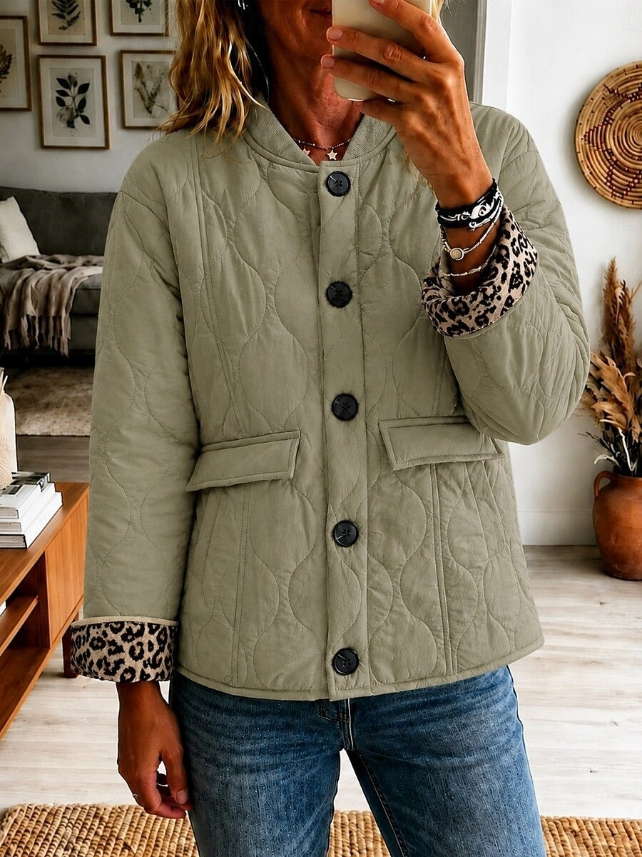 Women's Stand Collar Quilted Jacket, Leopard Print Cuff Reversible Lightweight Button Down Coat