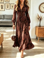 Vintage Floral Pattern Art Zip Casual Stylish Long Sleeve Dress