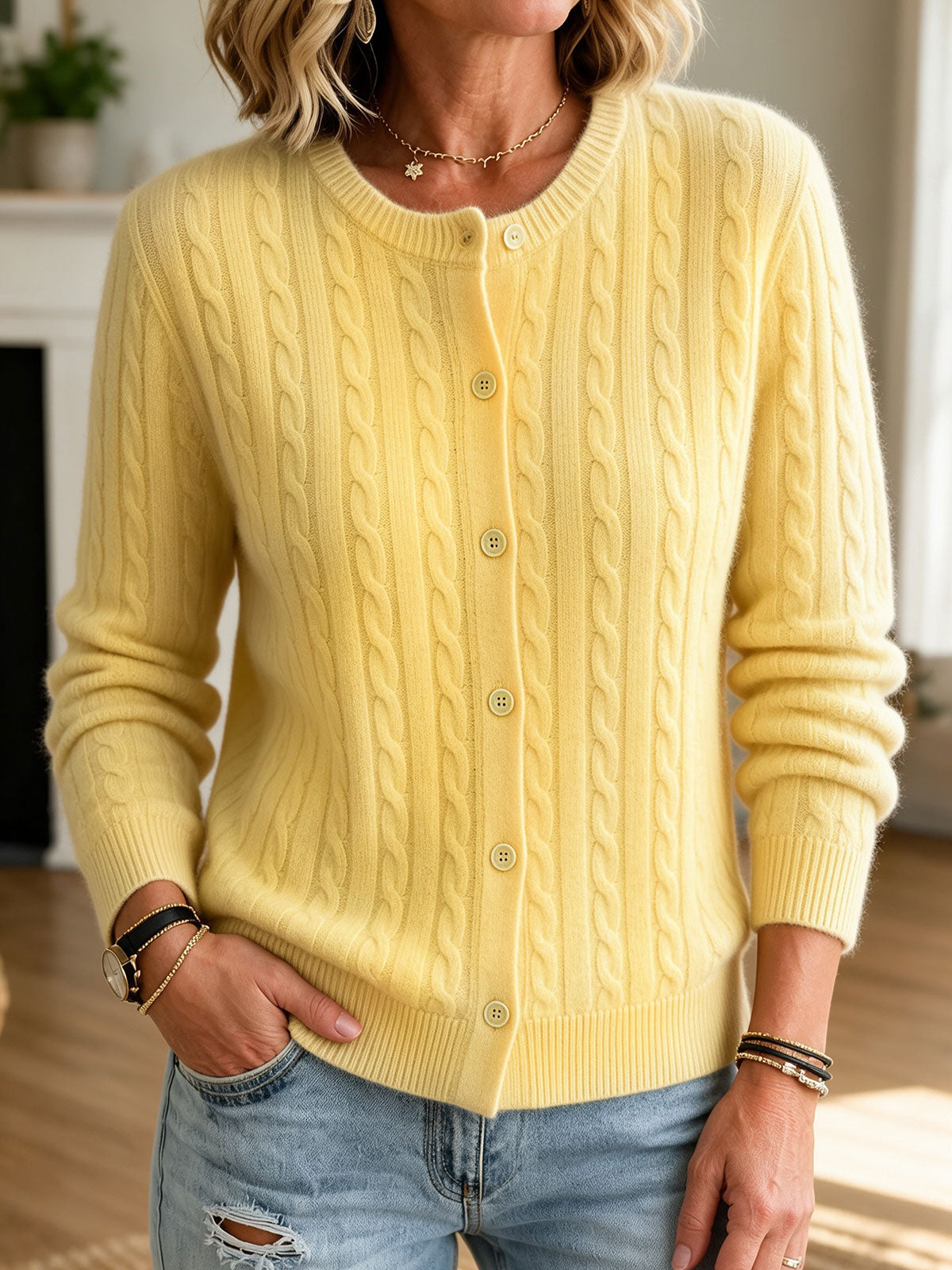 Women's Cable Knit Cardigan, Round Neck Button Front Long Sleeve Soft Sweater Jacket