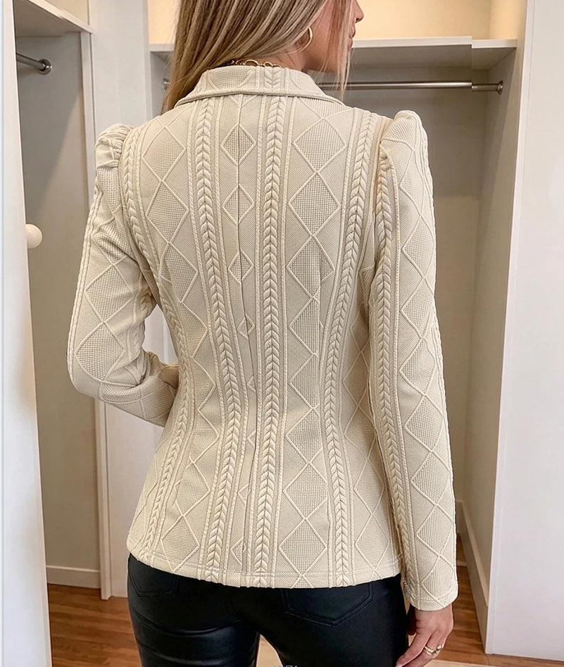 Women Cream Diamond Cable Knit Notched Lapel Blazer Cardigan