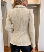 Women Cream Diamond Cable Knit Notched Lapel Blazer Cardigan