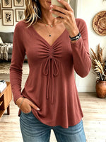 omen's V Neck Drawstring Ruched Long Sleeve Top, A Line Flared Hem Casual Tunic Blouse