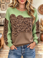 Women's Color-blocked Leopard Print Knitted Crew Neck Sweatshirt