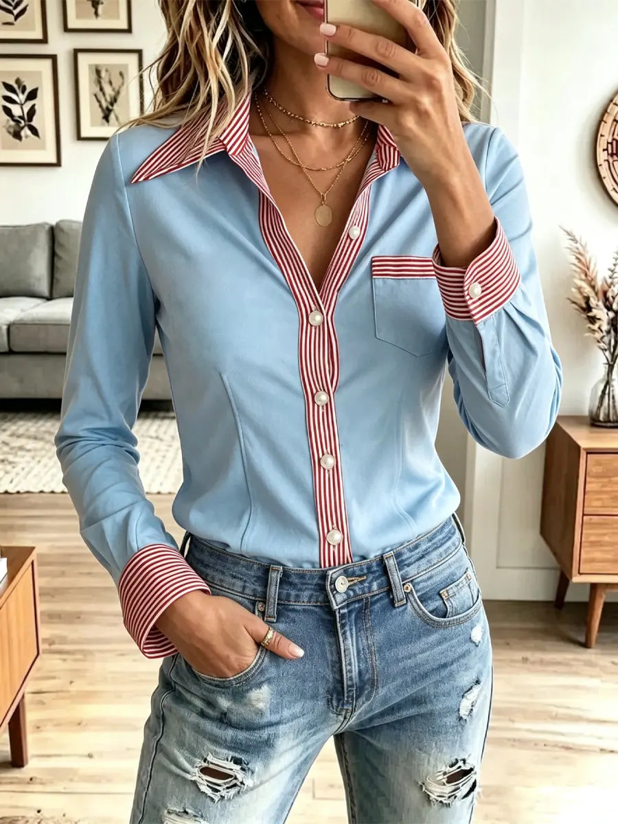 Retro Striped Chic Art Lapel Casual Stylish Long Sleeve Shirt