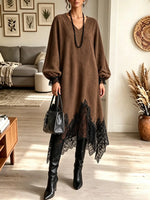 Women's Eyelash Lace Trim Asymmetrical Suede Maxi Dress