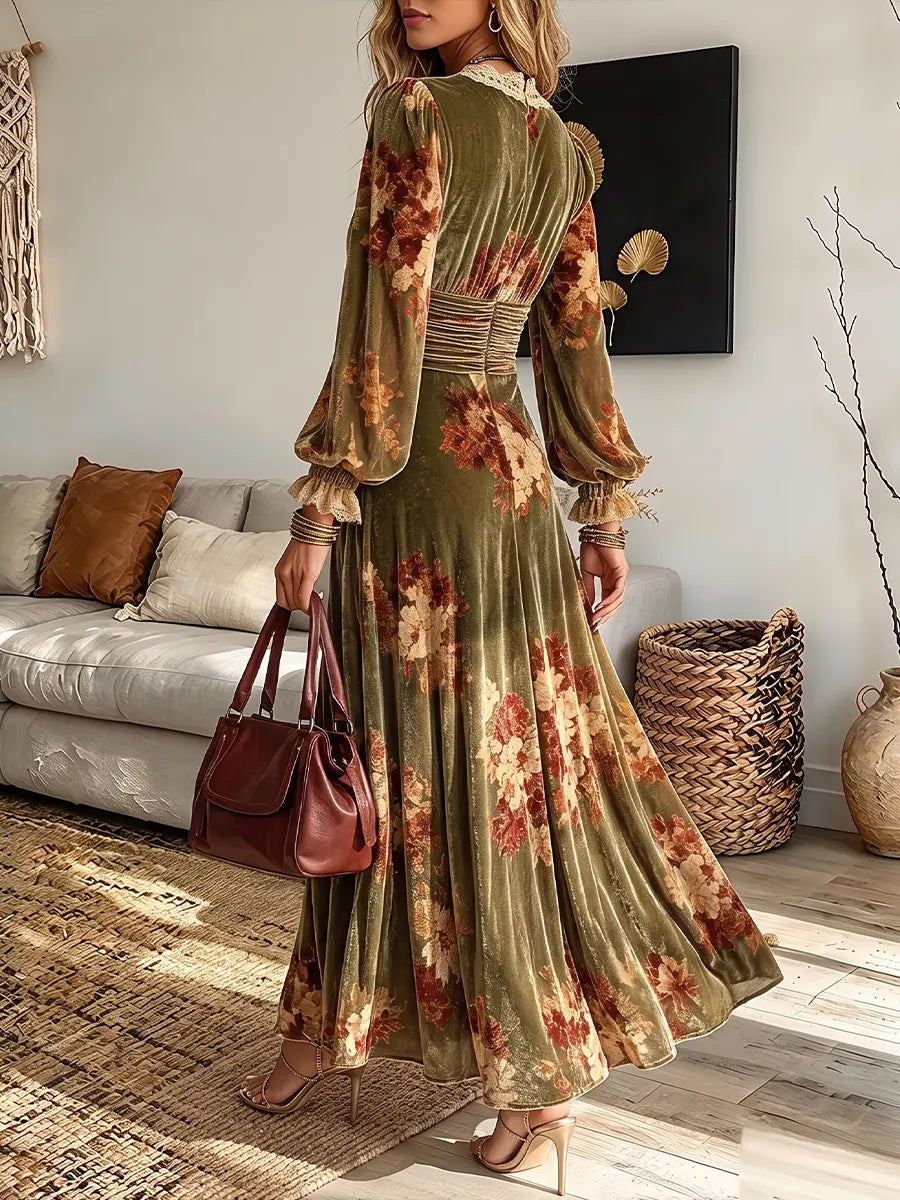 Vintage Elegant Floral Velvet Patchwork Lace Dress