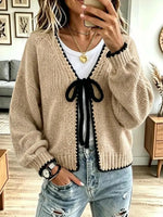 Vintage Bow Contrast Knit Art Casual Stylish Long Sleeve Cardigan Sweater
