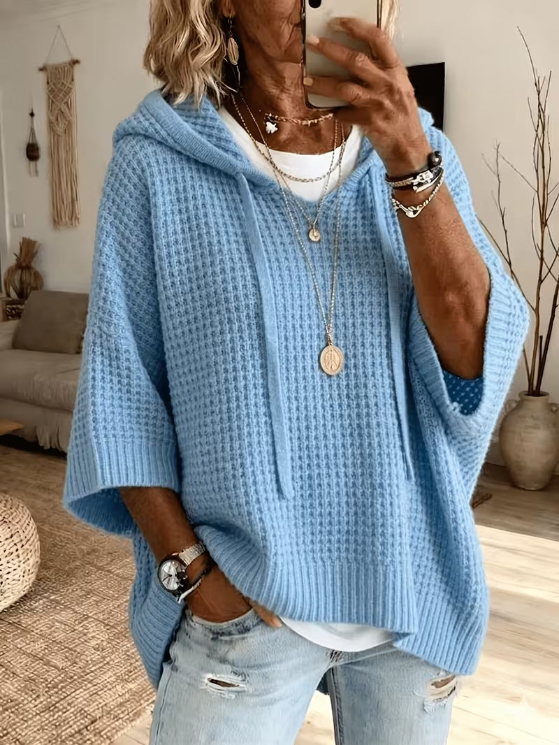 Women's Waffle Knit Oversized Hooded Sweater, 3/4 Sleeve Loose Casual Pullover