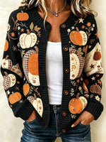 Women's Retro Vintage Autumn Halloween Pumpkin Art Print Knit Cardigan Top