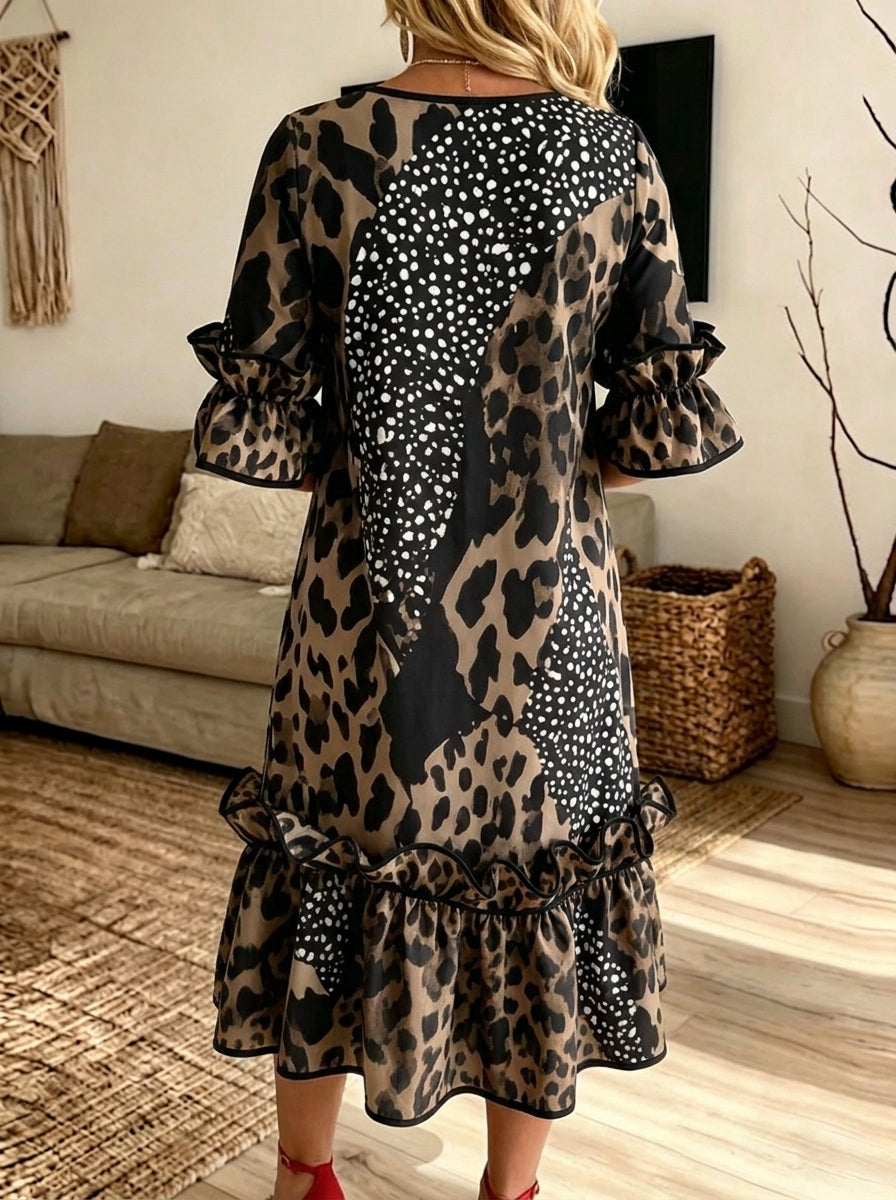 Women Leopard Print Ruffle Bell Sleeve Midi Dress With Side Pockets
