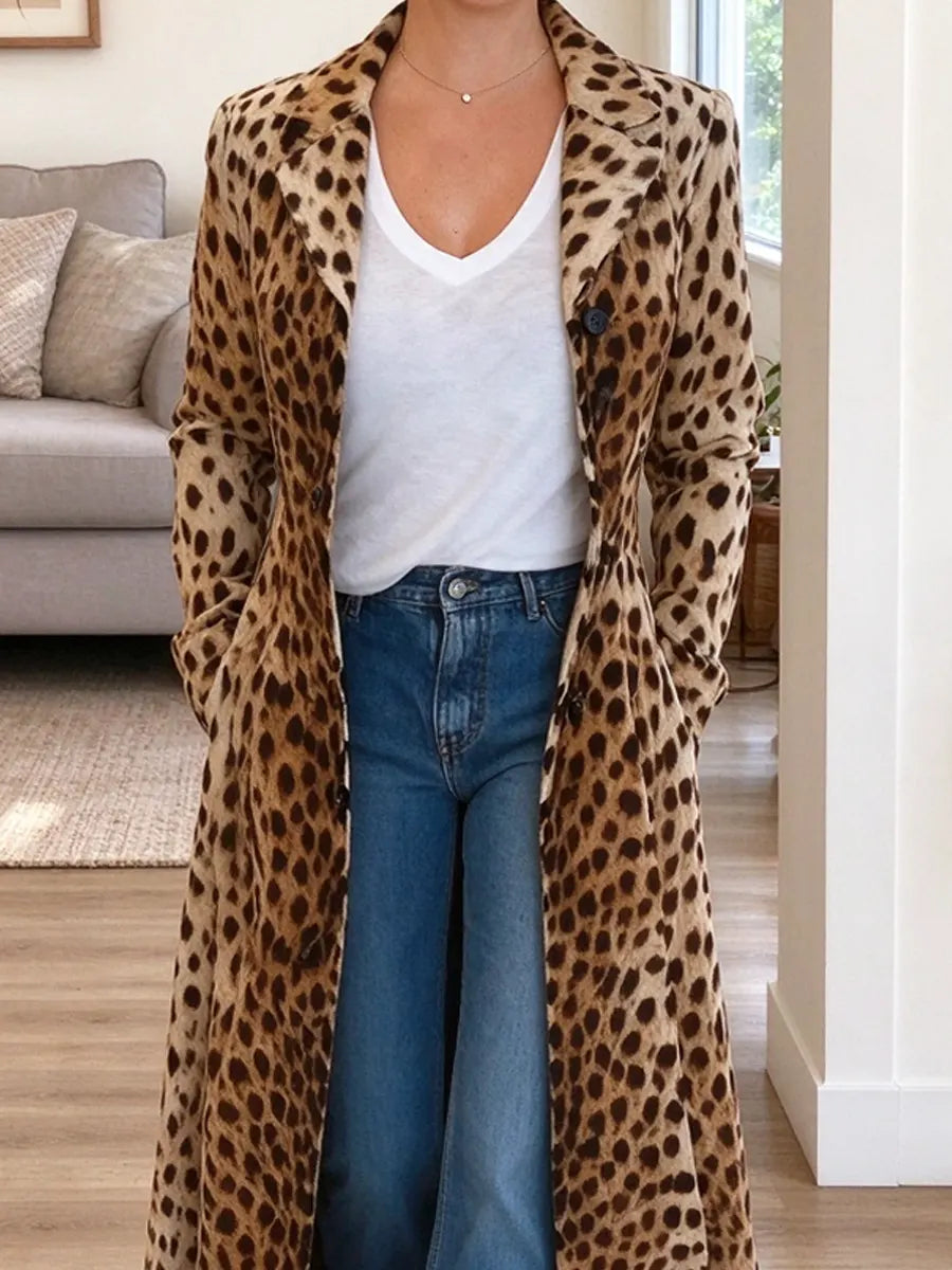 Retro Cozy Leopard Pattern Art Casual Lapel Stylish Long Sleeve Coat
