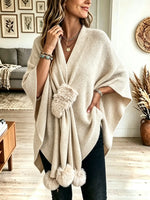 Women's Faux Fur Pom-Pom Knit Poncho Wrap