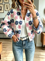 Retro Fuzzy Warm Floral Pattern Zip Art Casual Stylish Long Sleeve Coat