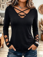 Women's Black Long Sleeve Top with Criss-Cross Cutout Neckline and Cuffs