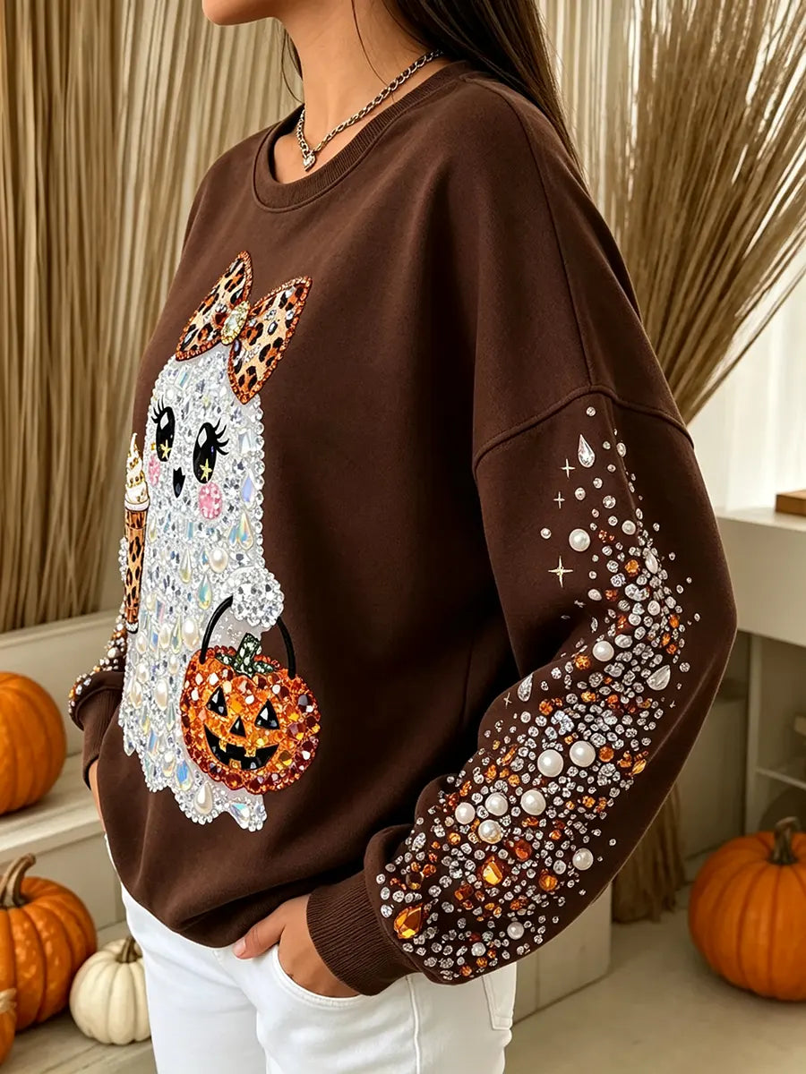 Vintage Autumn Halloween Ghost Pumpkin Art Print Crewneck Sweatshirt