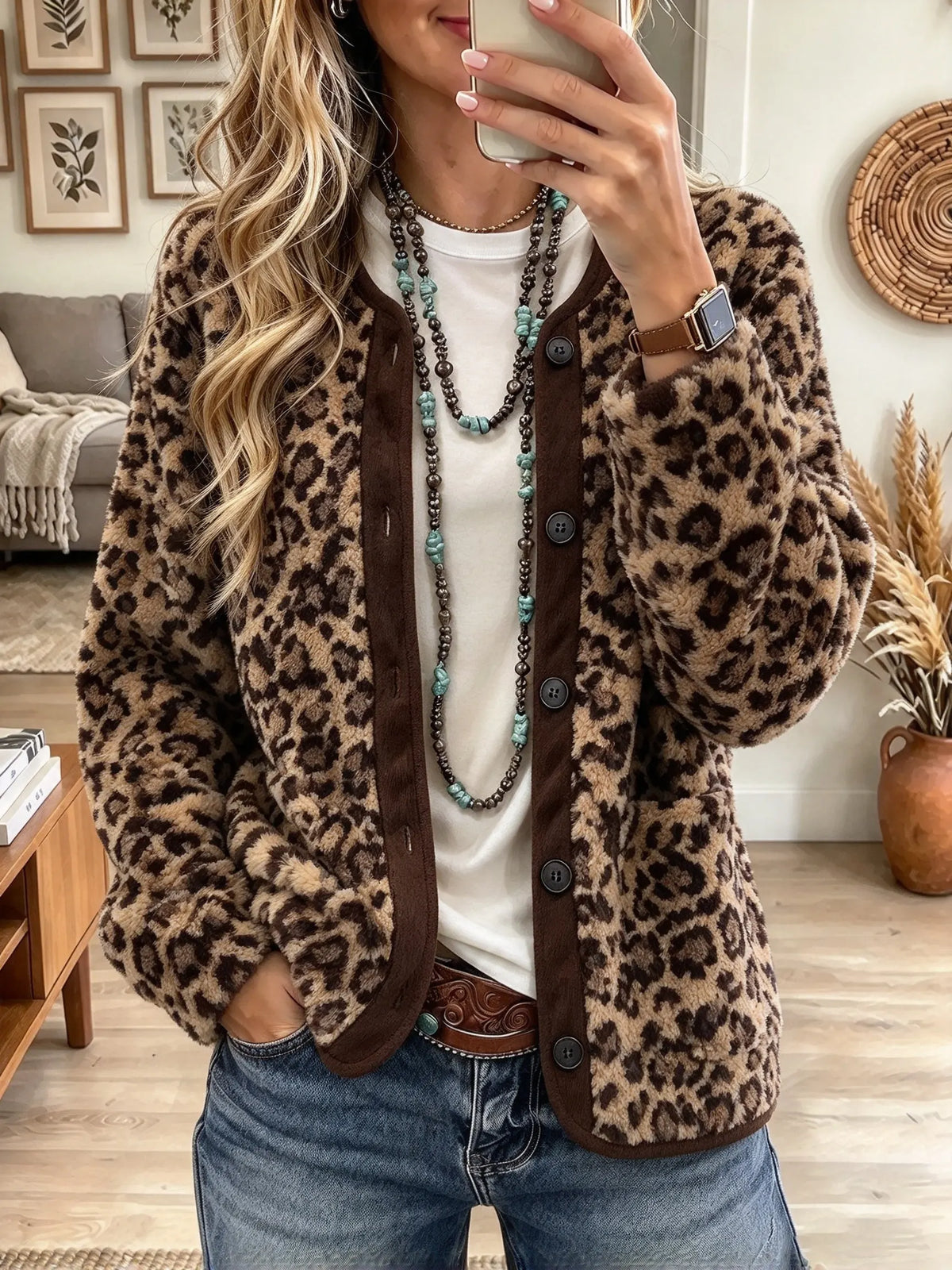 Women's Leopard Crewneck Fuzzy Cardigan