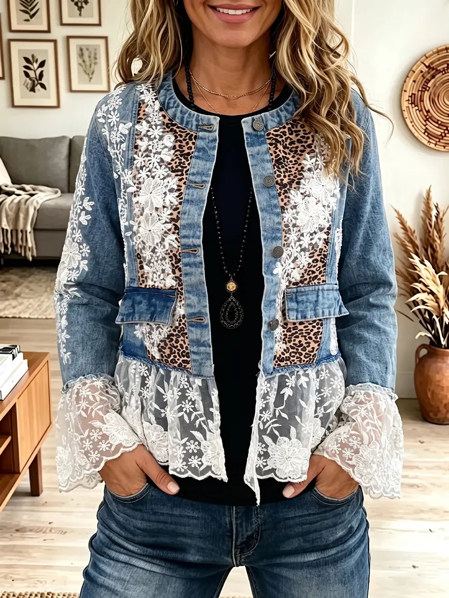 Vintage Elegant Denim Patchwork Floral Lace Jacket