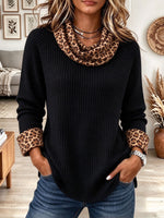 Women's Black Waffle Knit Cowl Neck Top with Leopard Print Trim