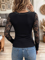 Women's Black Ribbed Knit Top with Sheer Lace Sleeves and Keyhole Cutout