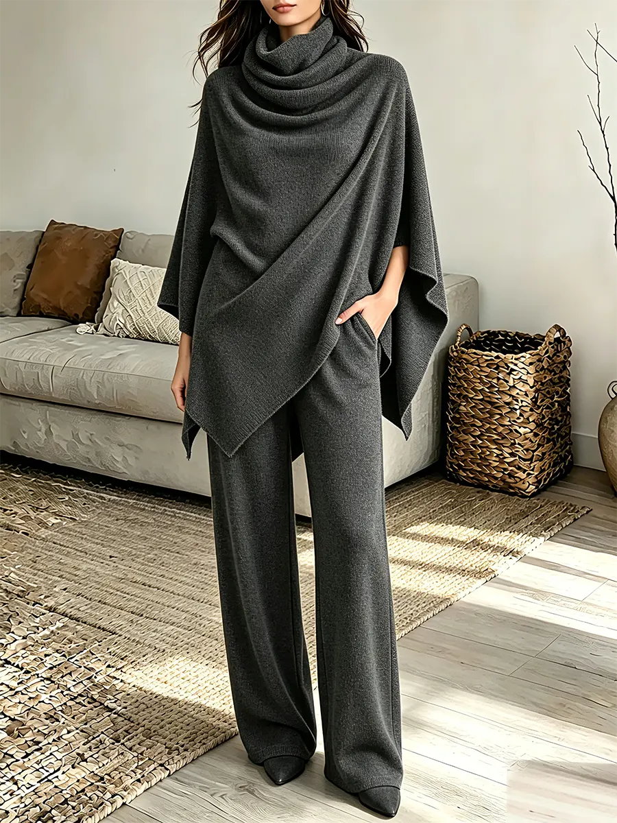Vintage Elegant Fleece Turtleneck Cape And Cloak Two-piece Set With Wide-leg Pants