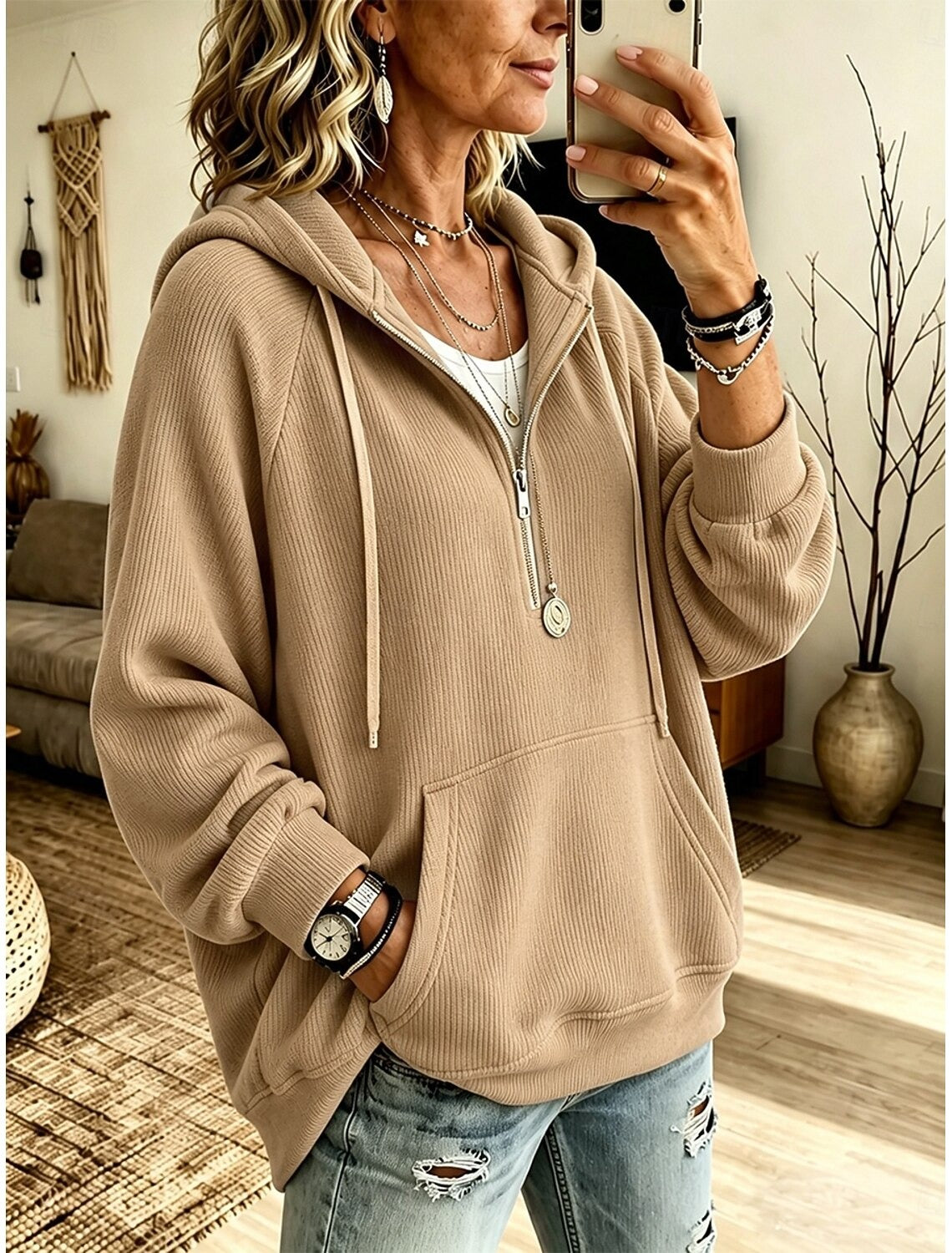 Women's Half Zip Hooded Sweatshirt, Ribbed Knit Oversized Hoodie With Kangaroo Pocket