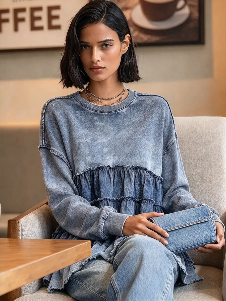 Women's Denim Patchwork Ruffled Crew Neck Long Sleeve Sweatshirt