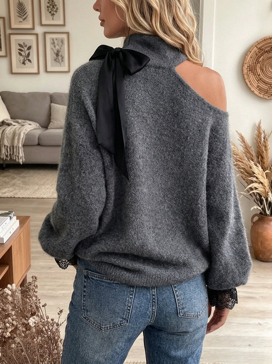 Women's Bow Lace Sleeve Turtleneck Sweater