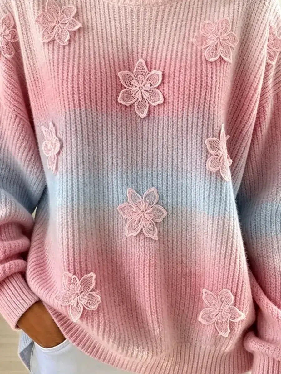 Vintage Gradient Floral Knit Art Casual Stylish Long Sleeve Sweater