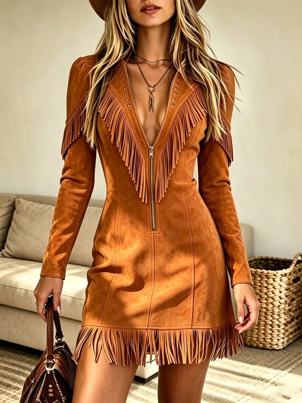 Women's Western Fringe Half-Zip Suede Dress