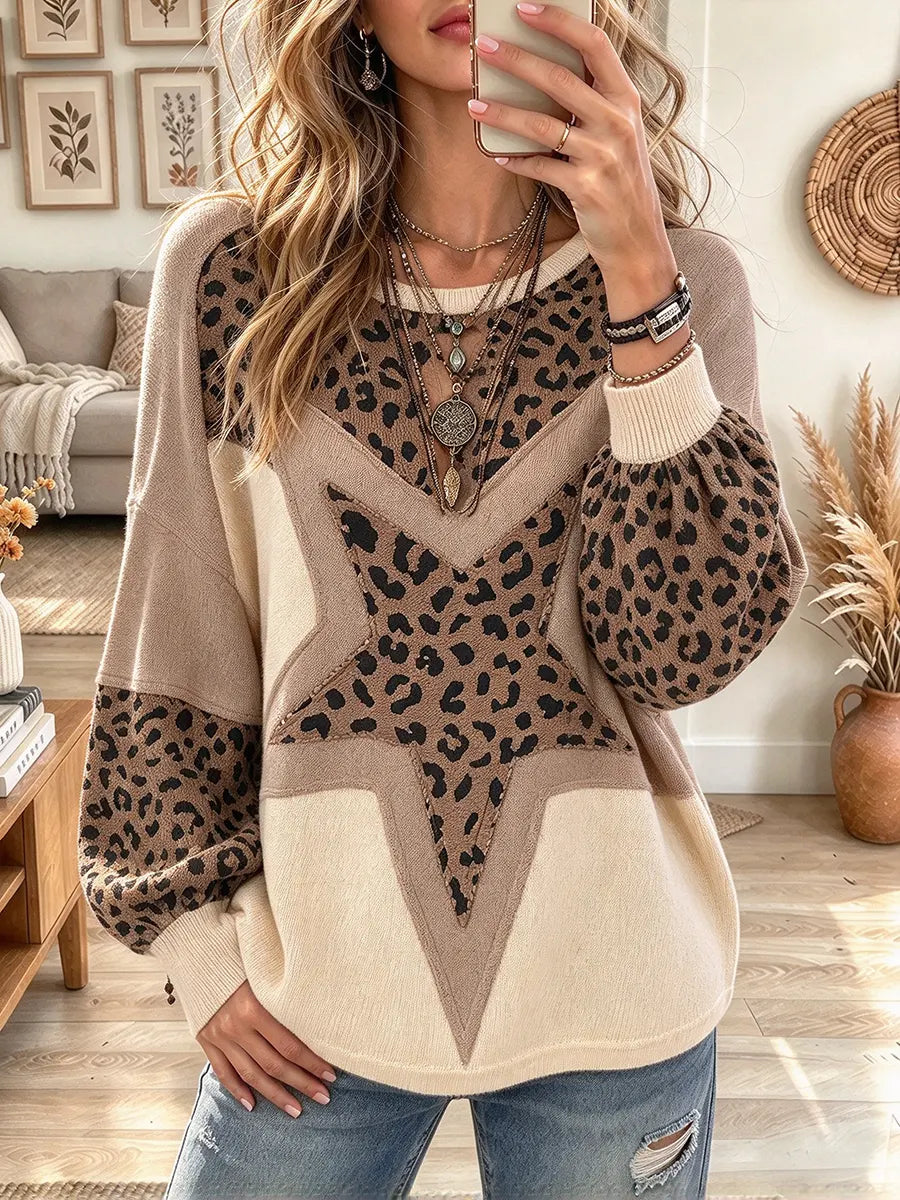 Women's Leopard Print Crew Neck Long-sleeved Pullover Knit Sweater