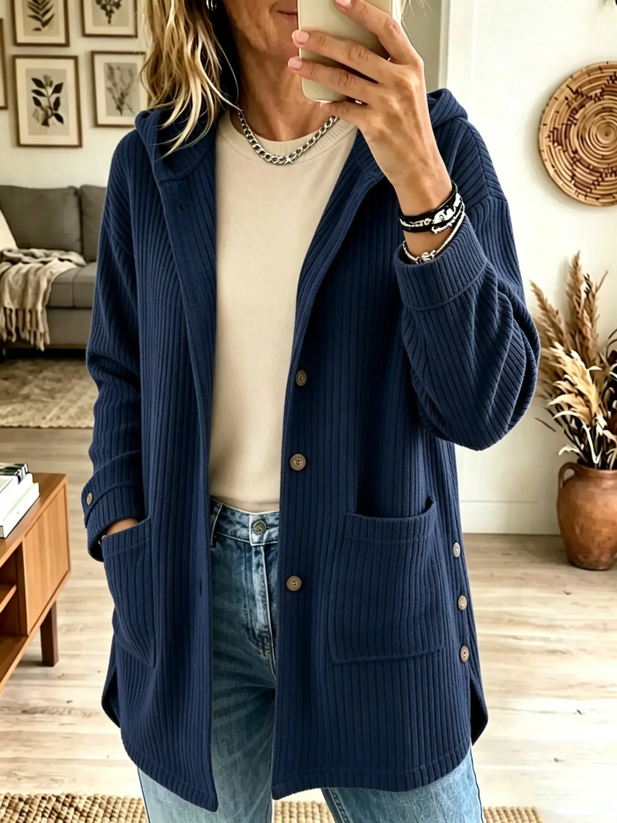 Women's Button-Down Hooded Ribbed Longline Cardigan