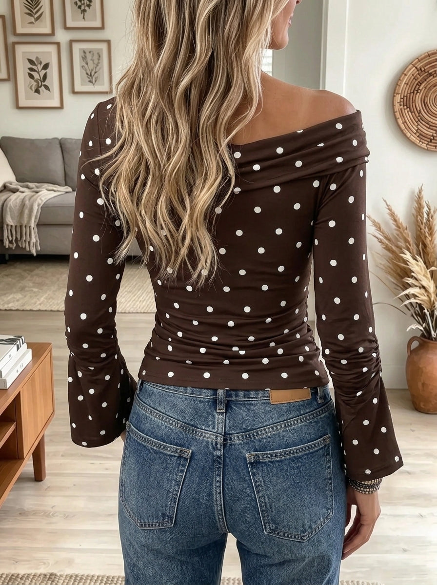 Women's Polka Dot Ruched Long-Sleeve Top