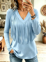 Women's V-Neck Tassel Fringe Long-Sleeve Top
