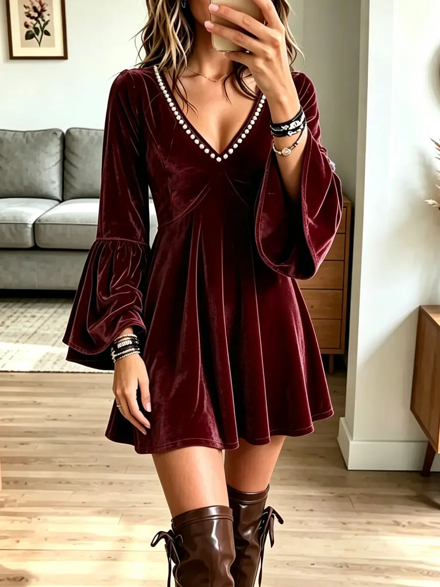 Vintage V Collar Art Pearl Casual Stylish Long Sleeve Mini Velvet Dress