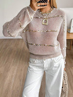 Women's Sequin Striped Open-Knit Slouchy Sweater