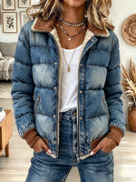 Women's Vintage Wash Denim Puffer Jacket with Faux Shearling Lining