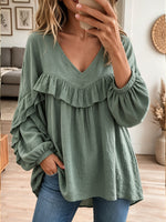 Women V Neck Ruffled Babydoll Tunic Top Long Balloon Sleeve Casual Blouse