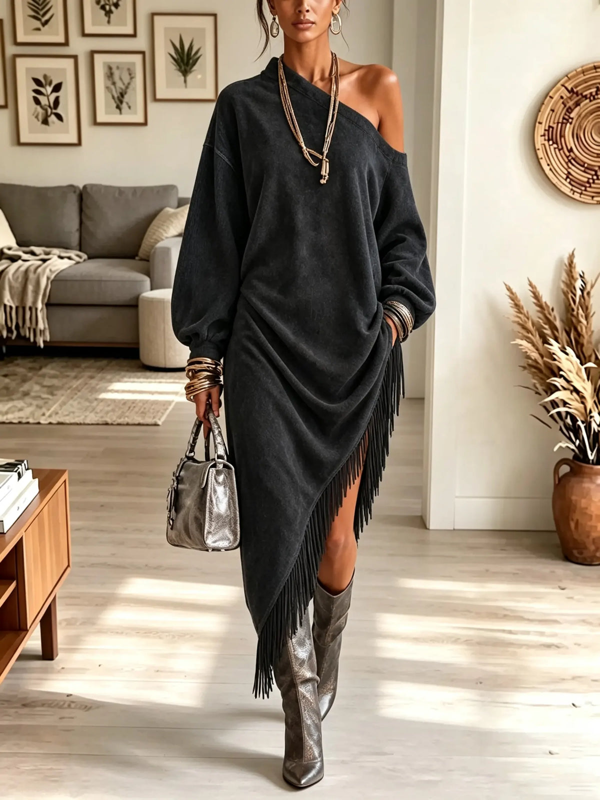 Women's One-Shoulder Asymmetrical Fringe Hem Midi Dress