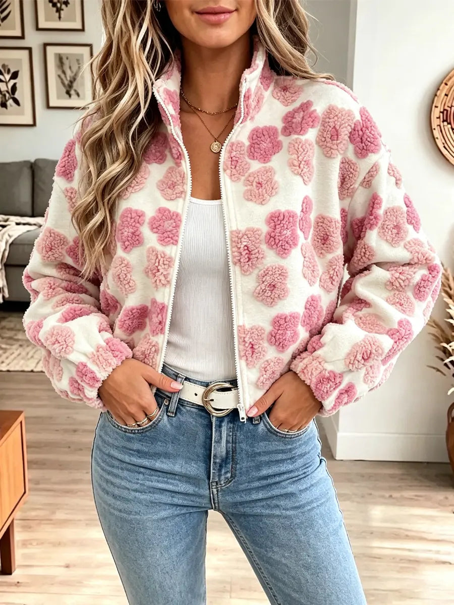 Retro Fuzzy Warm Floral Pattern Zip Art Casual Stylish Long Sleeve Coat