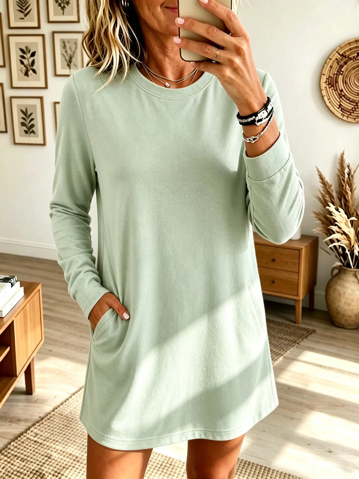 Women's Long-Sleeve Crewneck Fleece Tunic Sweatshirt Dress