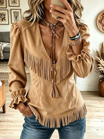 Women Western Faux Suede Fringe V Neck Tie Ruffle Long Sleeve Top