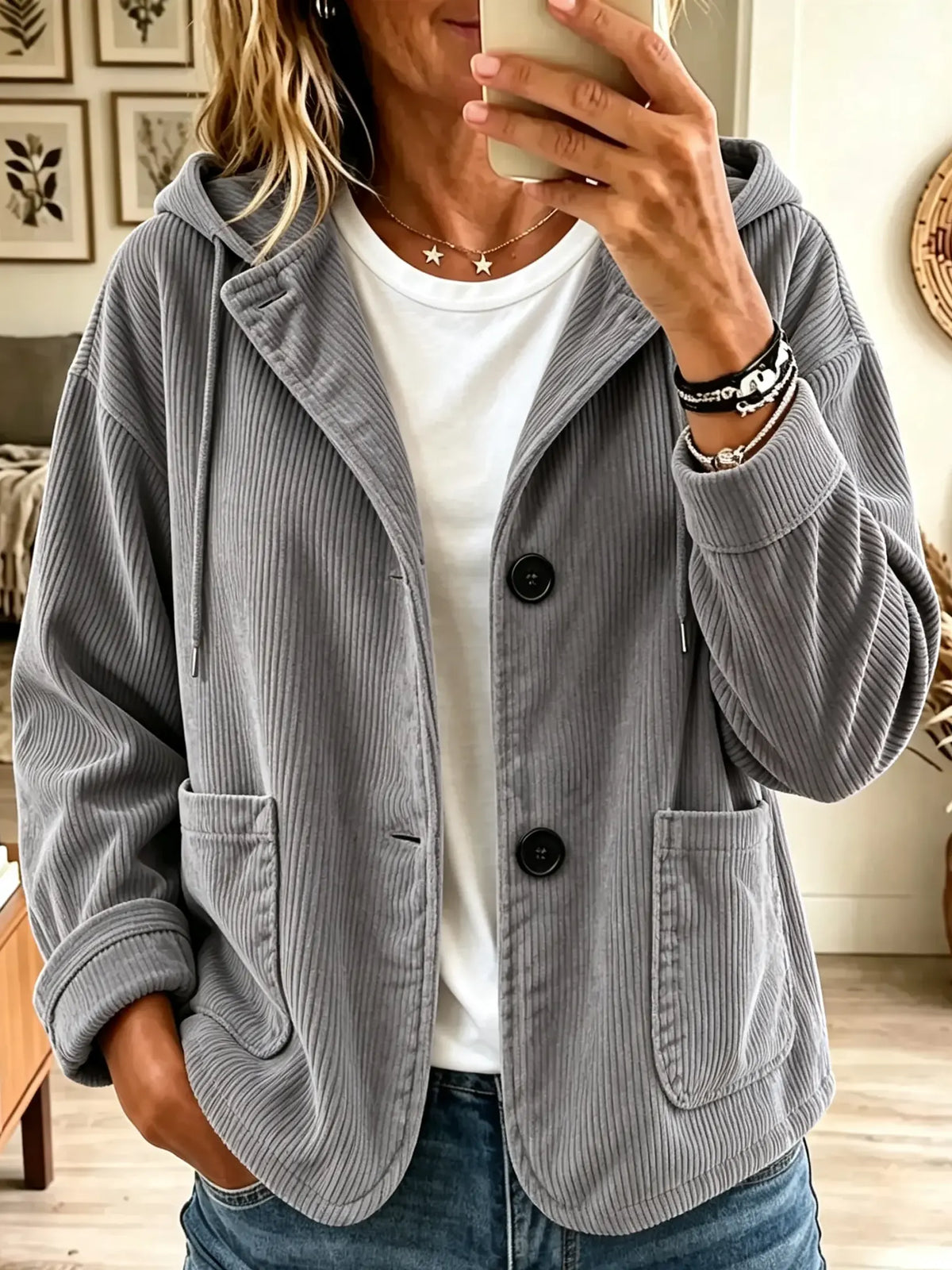 Women's Hooded Oversized Ribbed Corduroy Jacket