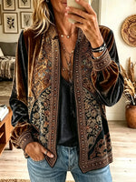 Women's Paisley Floral Velvet Zip-Up Bomber Jacket