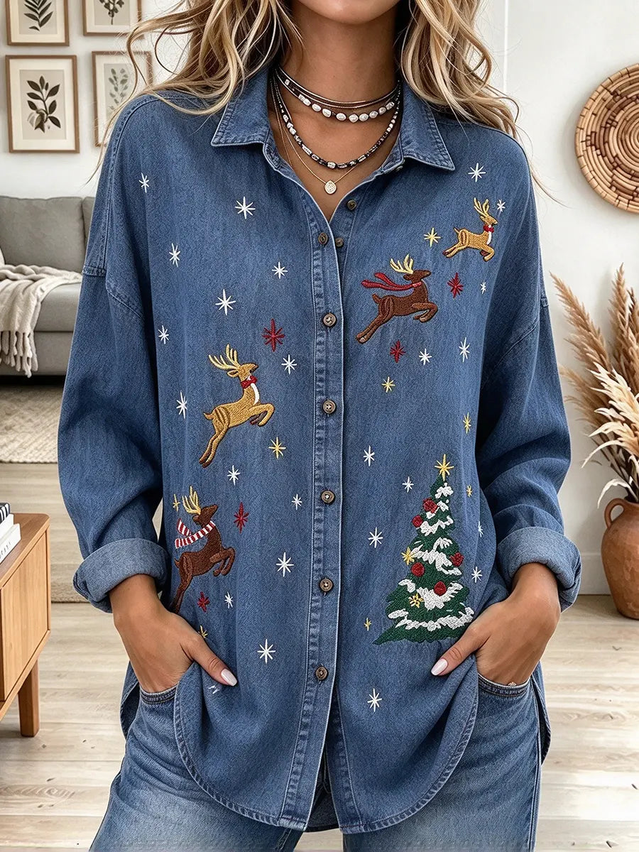 Women's Retro Christmas Print Collared Denim Top