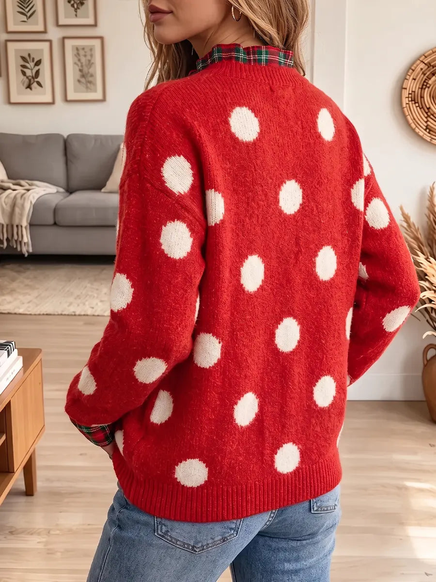 Vintage Elegant Knit Patchwork Plaid Buttons Polka Dots Sweater