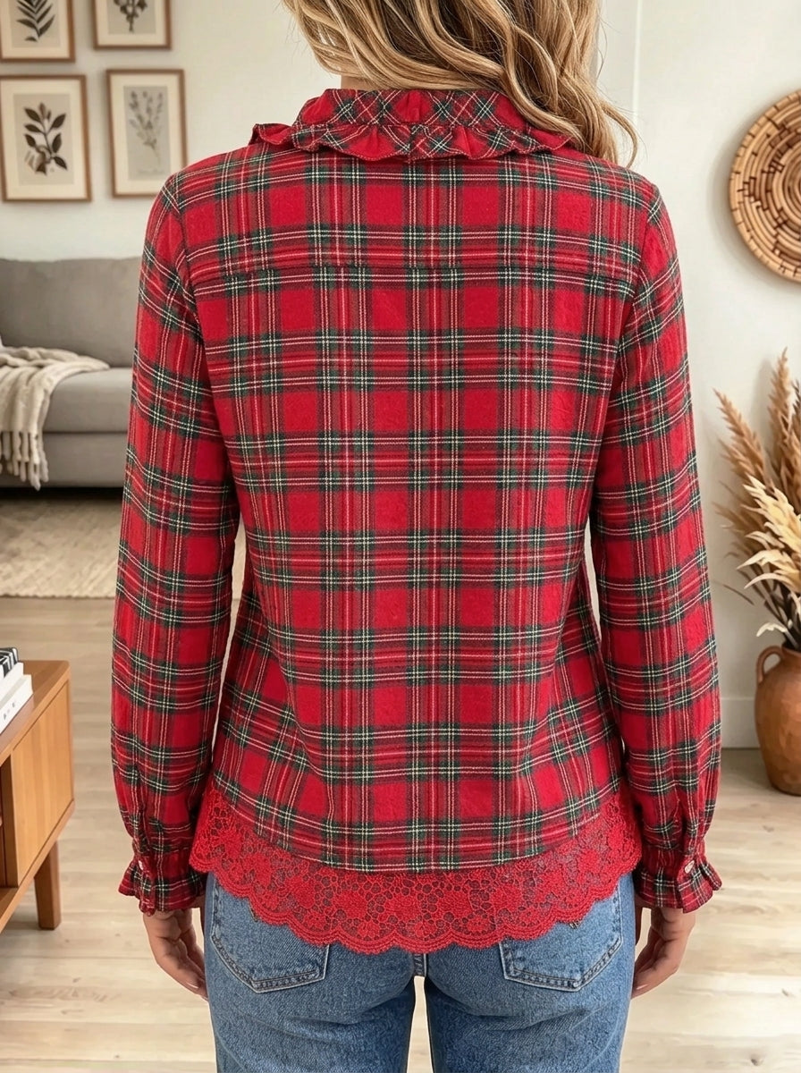 Women's Plaid Ruffle Button-Down Blouse