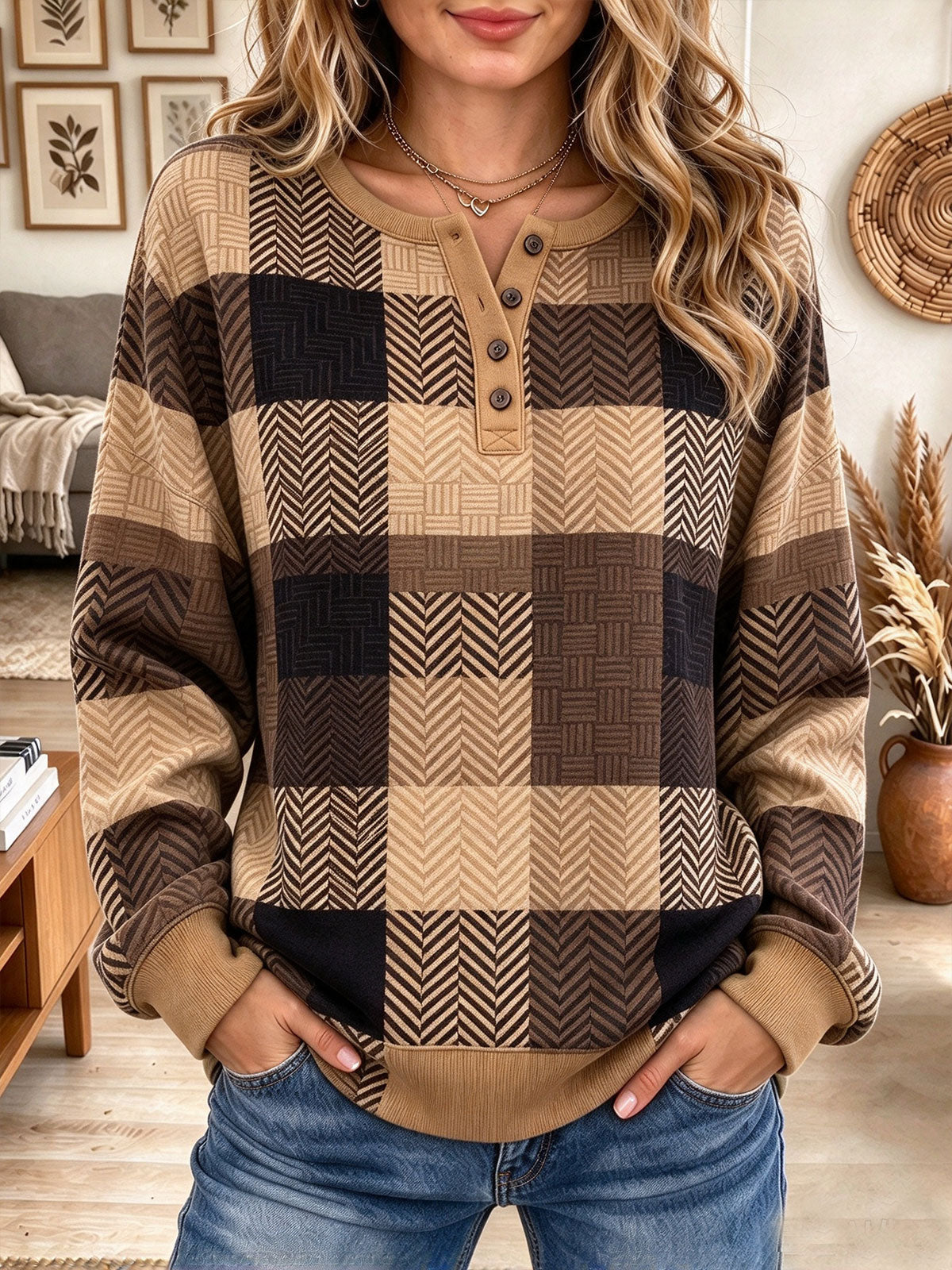 Women's Brown Geometric Plaid Patterned Henley Sweatshirt