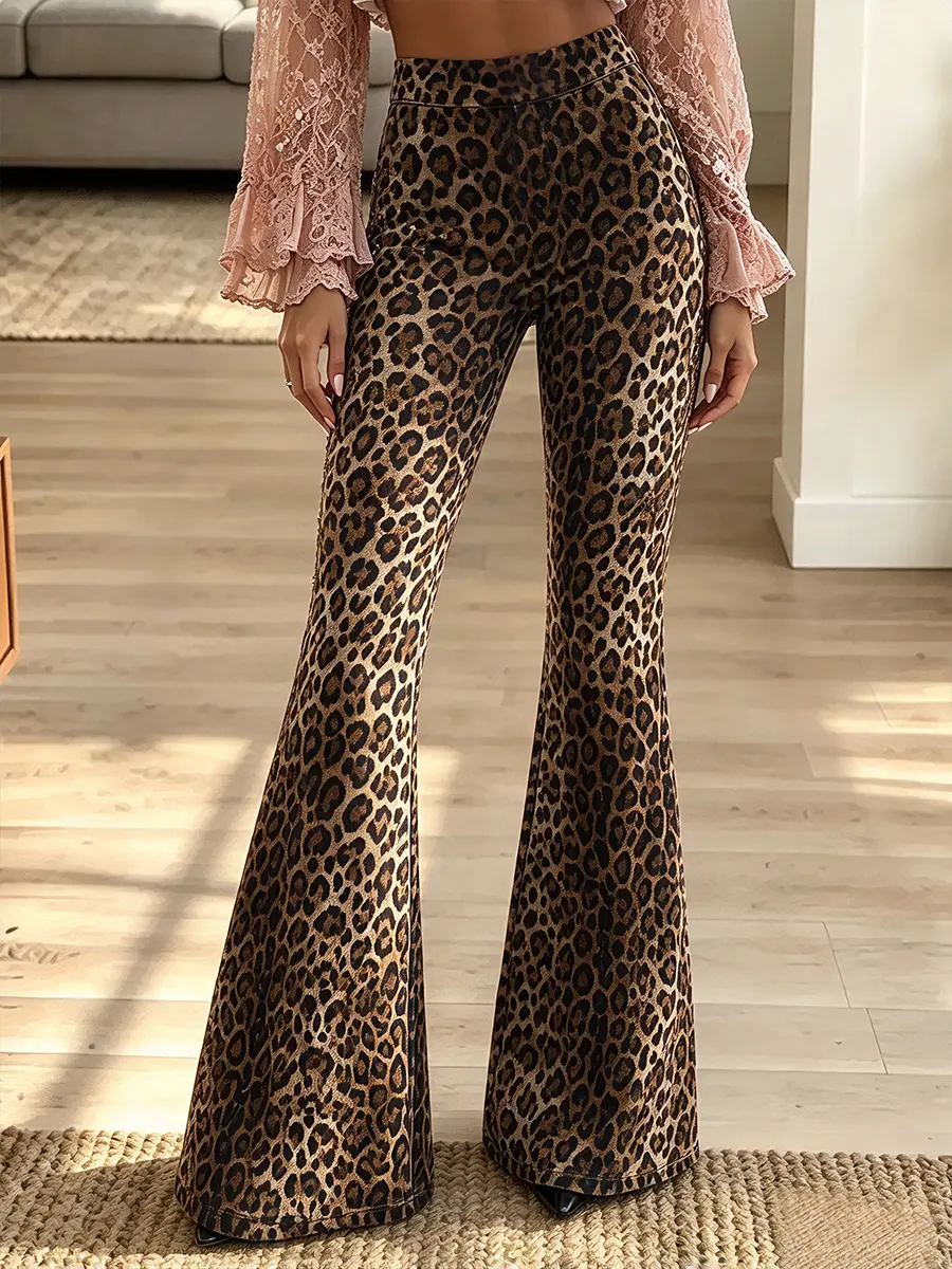 Vintage Elegant Slim-fit Leopard Print Flared Pants